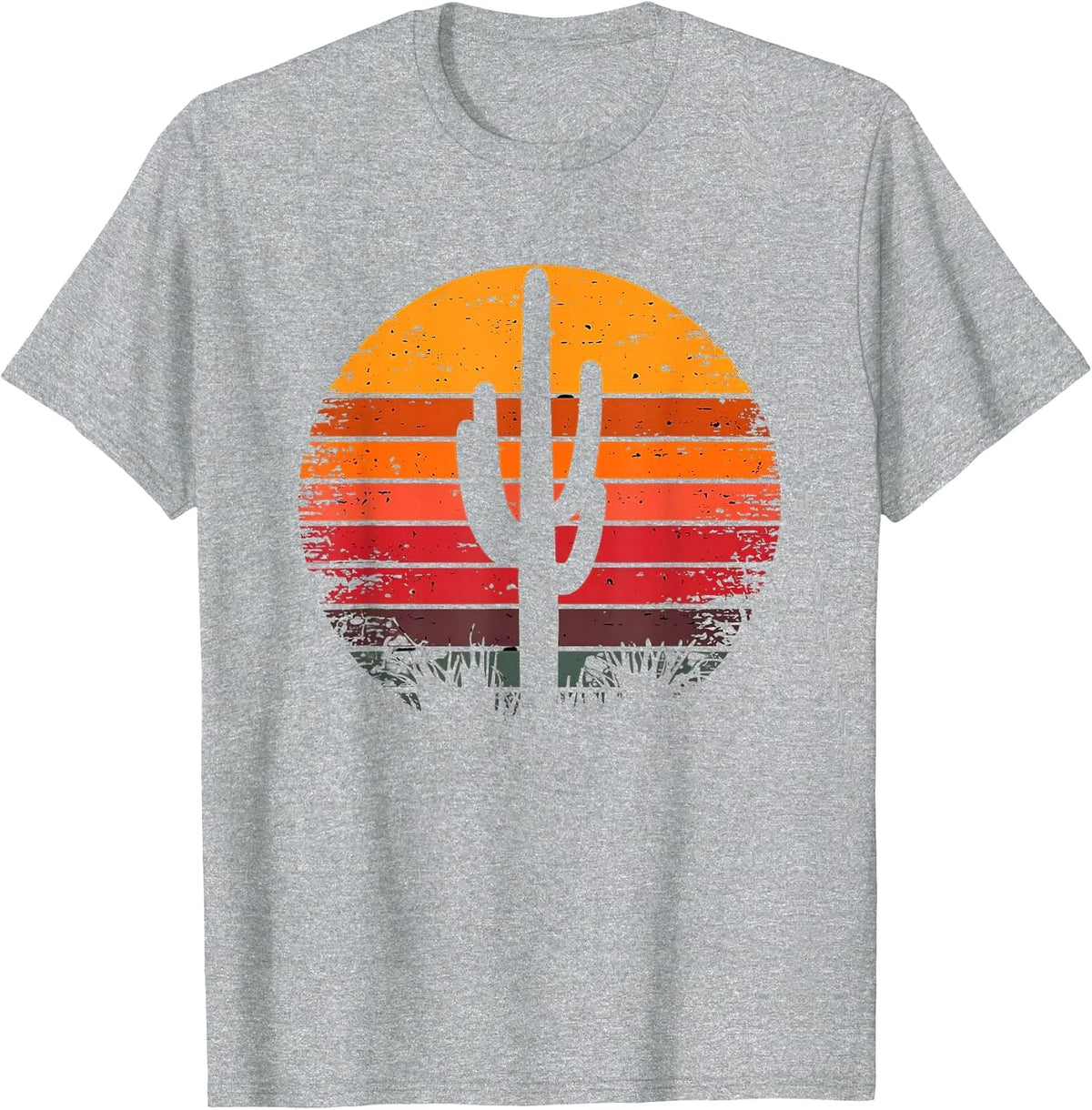 Retro Sunset Saguaro Cactus Vintage Desert Design Graphic T-Shirt - Heather Grey