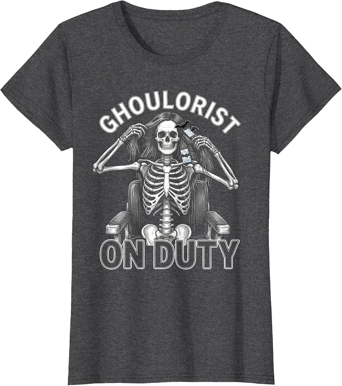 Women's Ghoulorist On Duty Funny Skeleton Hairstylist Halloween T-Shirt - Dark Heather Grey