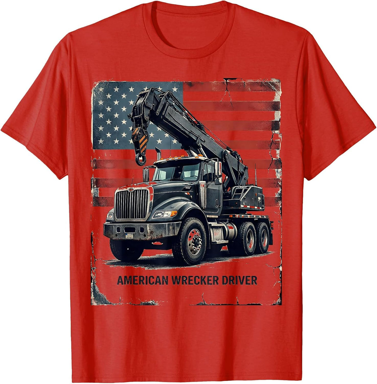 Men's American Wrecker Driver Distressed Patriotic Trucker T-Shirt - Red