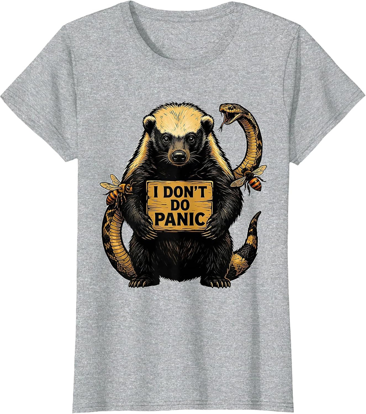 I Don't Do Panic Linocut Honey Badger Fearless Attitude T-Shirt - Heather Grey