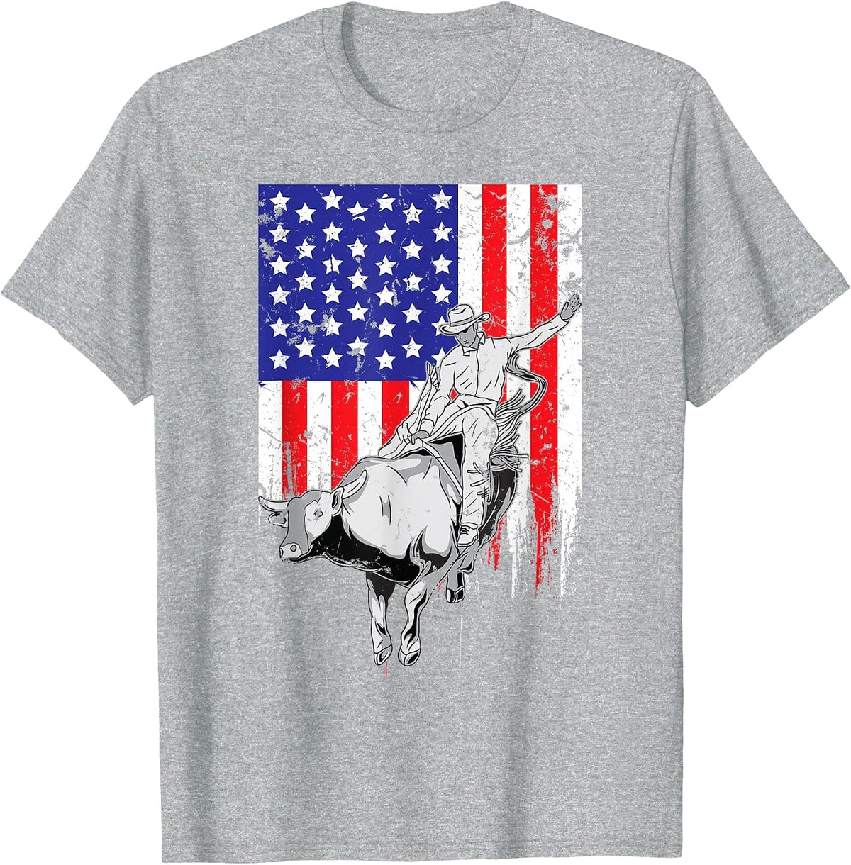 American Flag Bucking Bull Riding Patriotic Rodeo Rider T-Shirt - Heather Grey