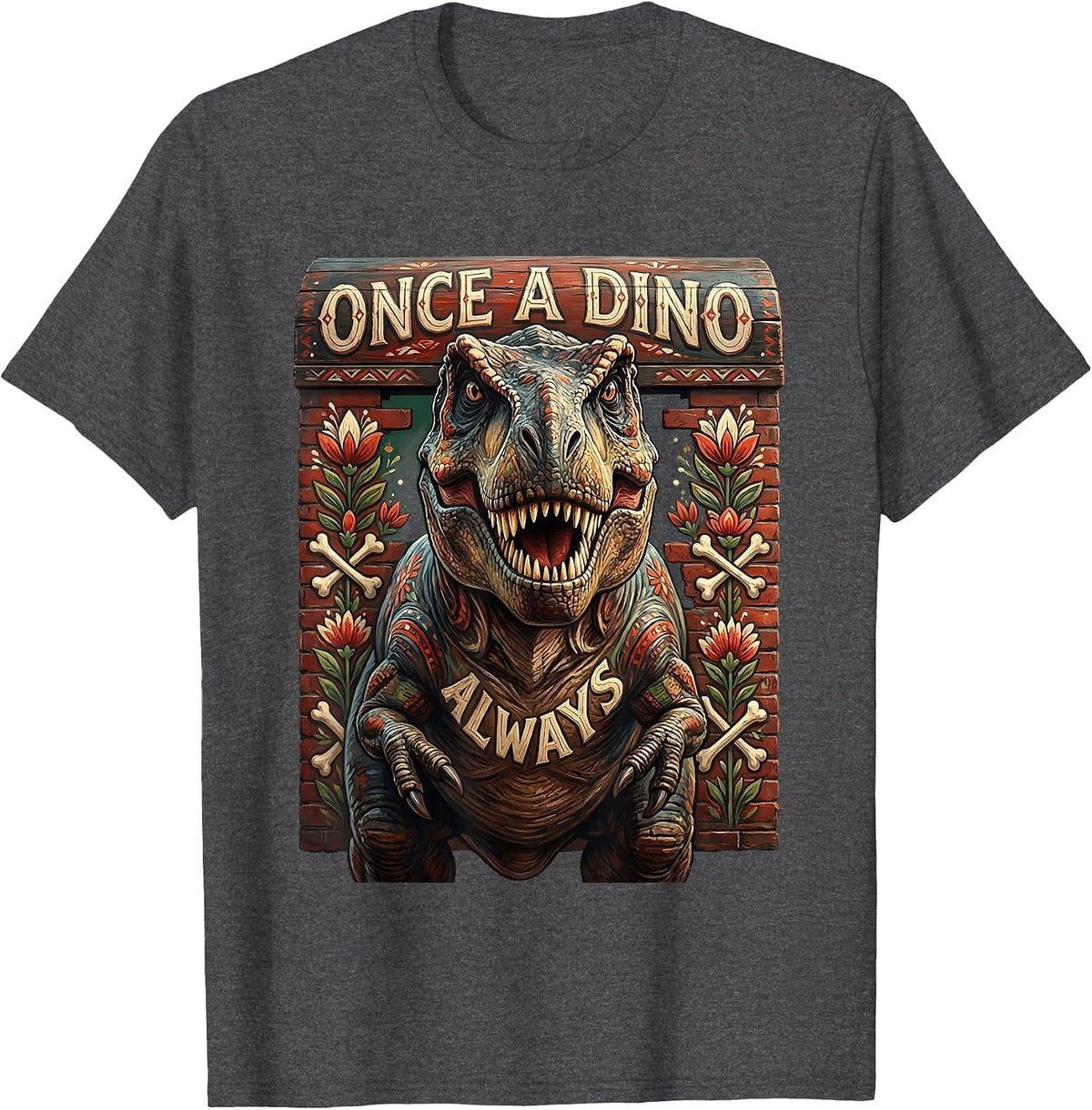 Once a Dino Always Dinosaur Lover Design T-Shirt - Dark Heather Grey