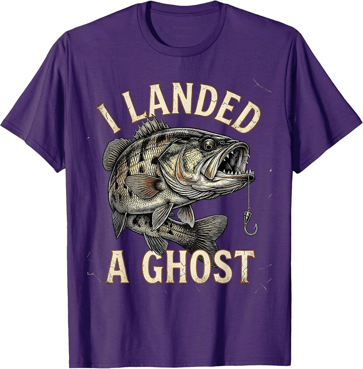 I Landed A Ghost Distressed Halloween Fishing Ghost Bass T-Shirt - Purple