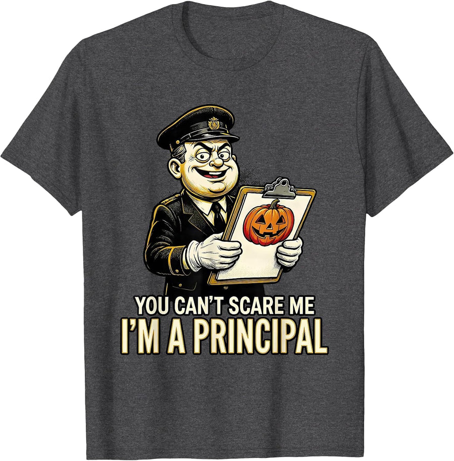 Men's You Can't Scare Me I'm A Principal Retro Cartoon Halloween T-Shirt - Dark Heather Grey