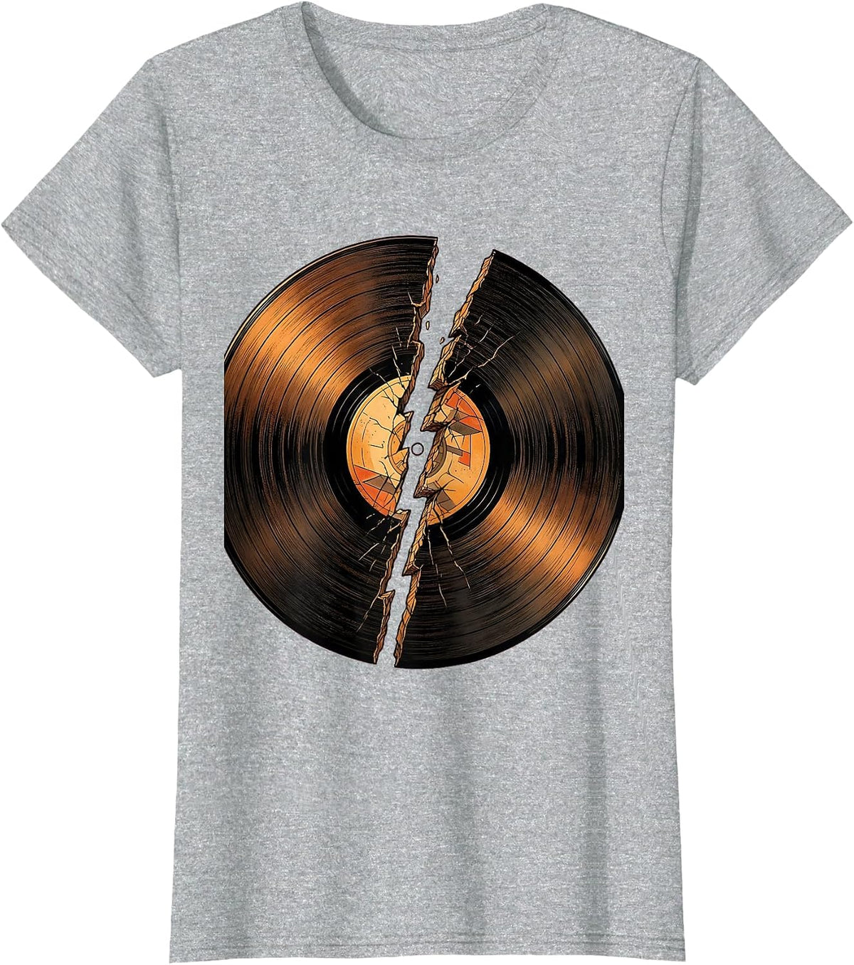 Vinyl Record Lightning Bolt Crack Rock Music Tee T-Shirt - Heather Grey