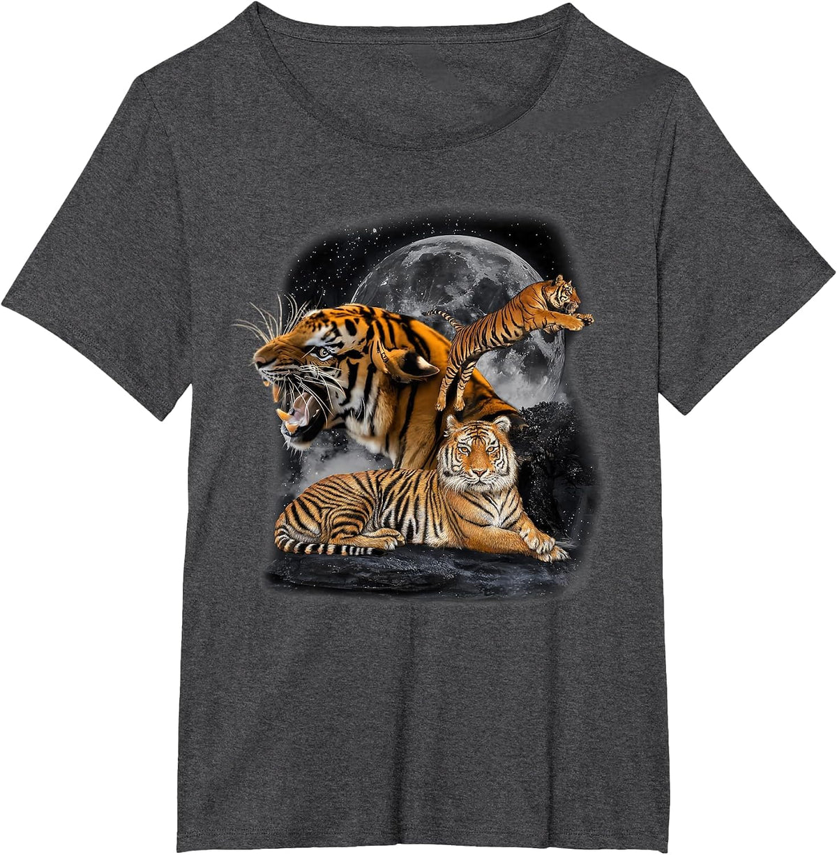 Vintage Three Tigers Retro Alpha Moon Bengal Tiger Lovers T-Shirt - Dark Heather Grey
