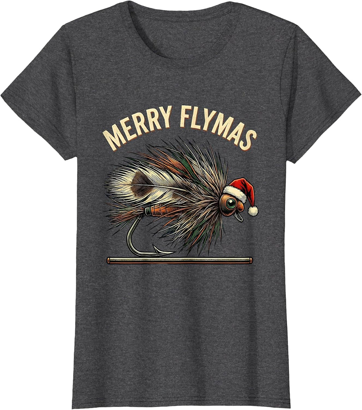 Women's Merry Flymas Vintage Fishing Fly Christmas Humor Ugly T-Shirt - Dark Heather Grey