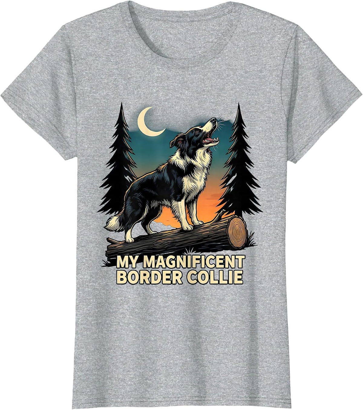 Women's MY MAGNIFICENT BORDER COLLIE Funny Cartoon Dog Breed Humor T-Shirt - Heather Grey