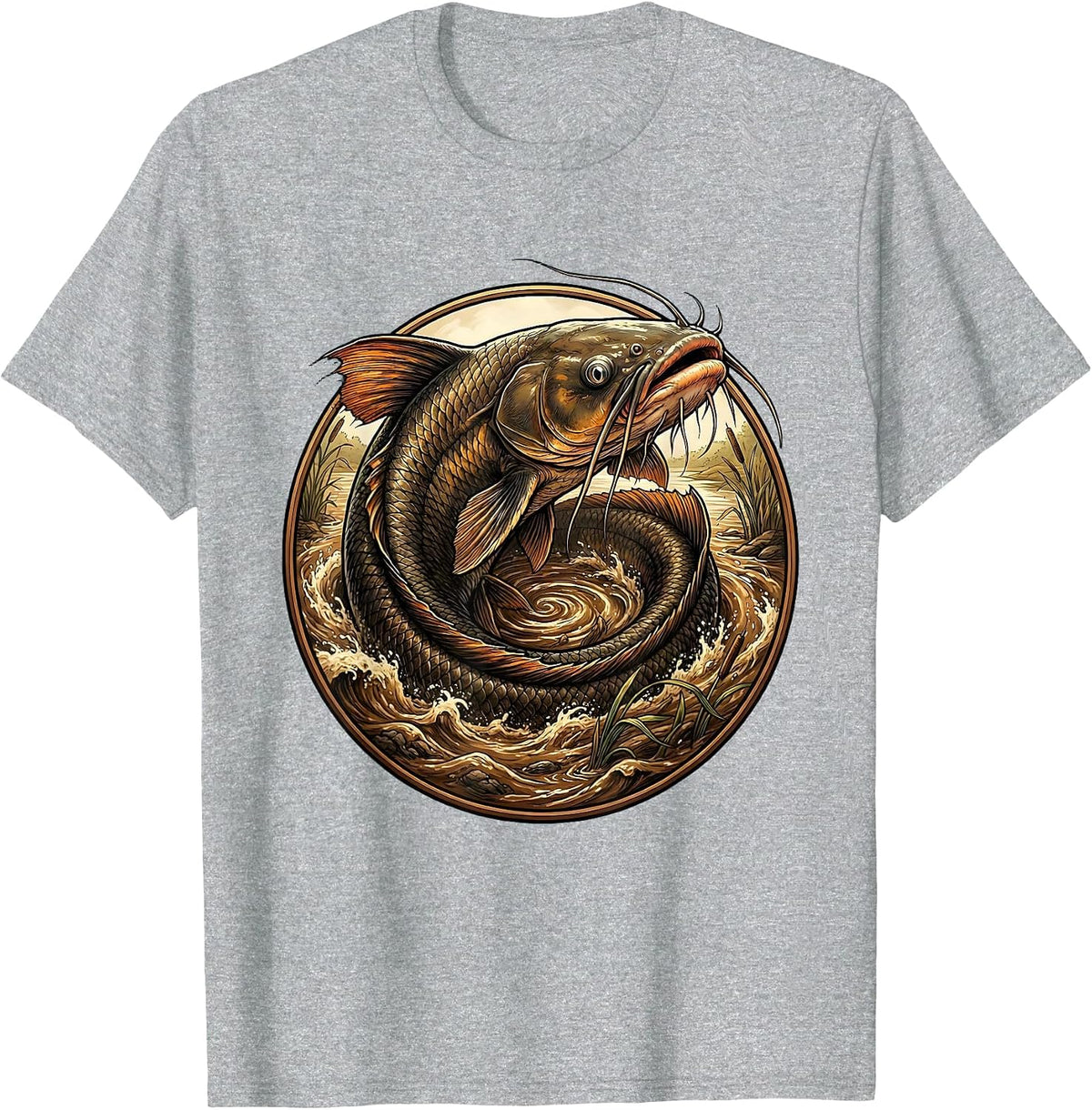 Men's Giant Catfish Swirling in Muddy River Graphic T-Shirt - Heather Grey