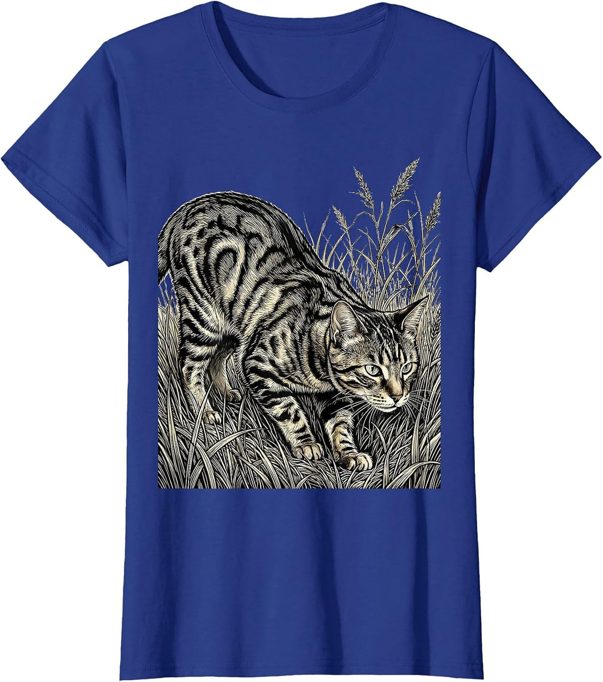 Women's Bengal Cat Stalking Through Tall Grass Illustration T-Shirt - Royal Blue