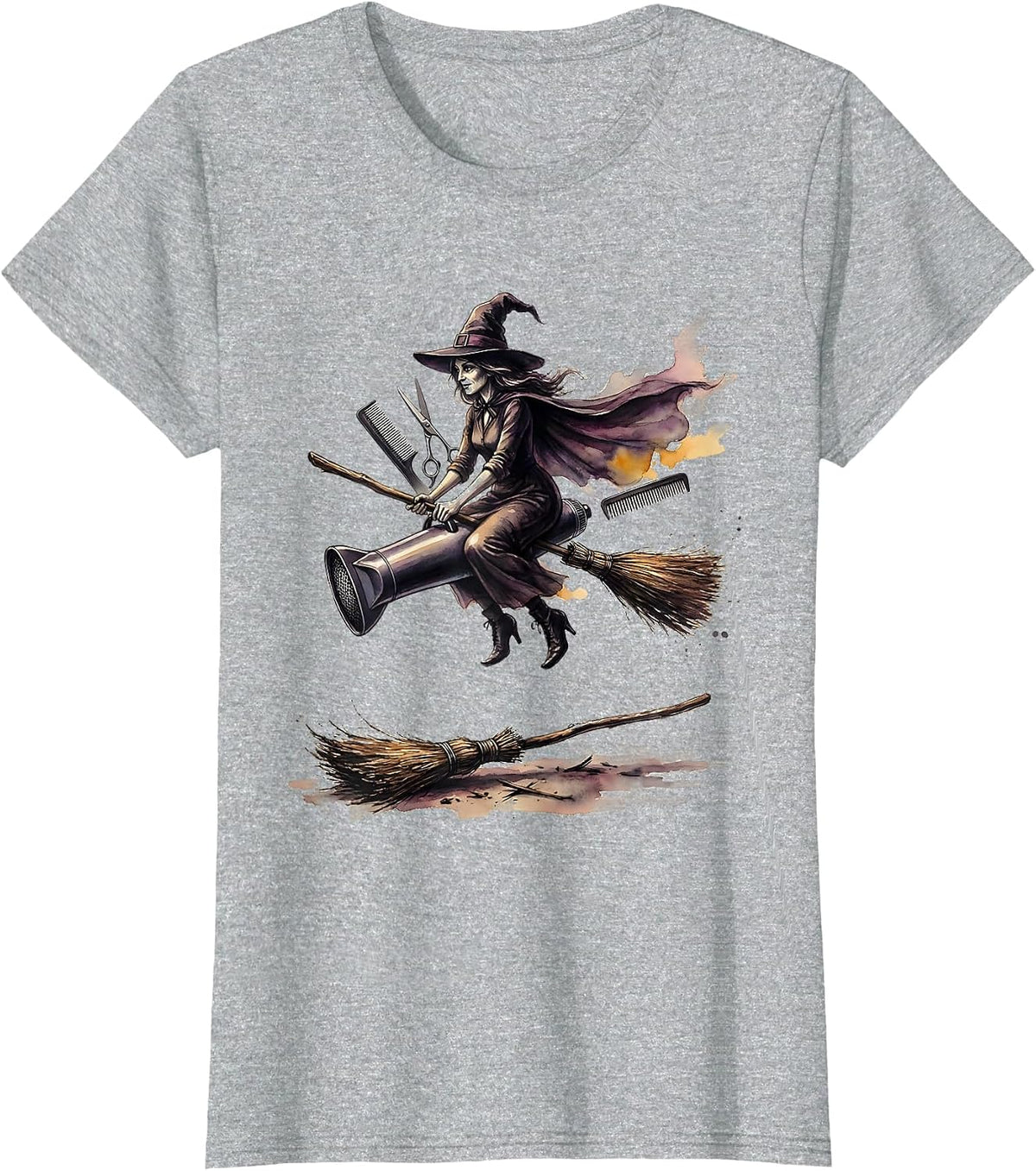 Women's Hairstylist Witch Halloween Occupation Humor Watercolor T-Shirt - Heather Grey
