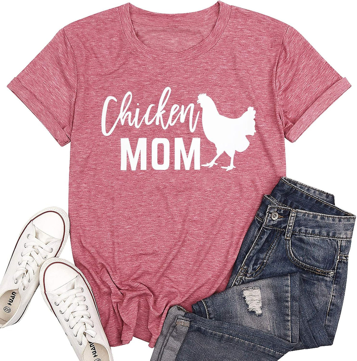 Chicken Mom T-Shirt Women Funny Hen Chiken Farm Humor Graphic Mother Shirt Cute Short Sleeve Tops - Pink