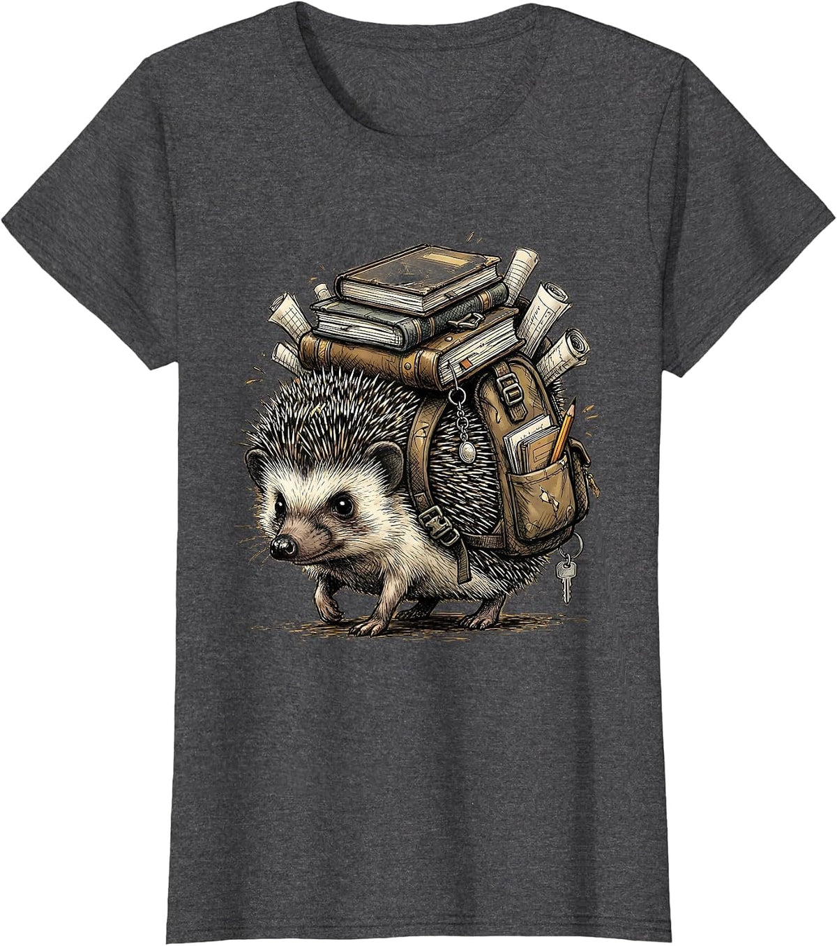 Women's Cute Hedgehog Teacher Bookworm Graphic T-Shirt - Dark Heather Grey