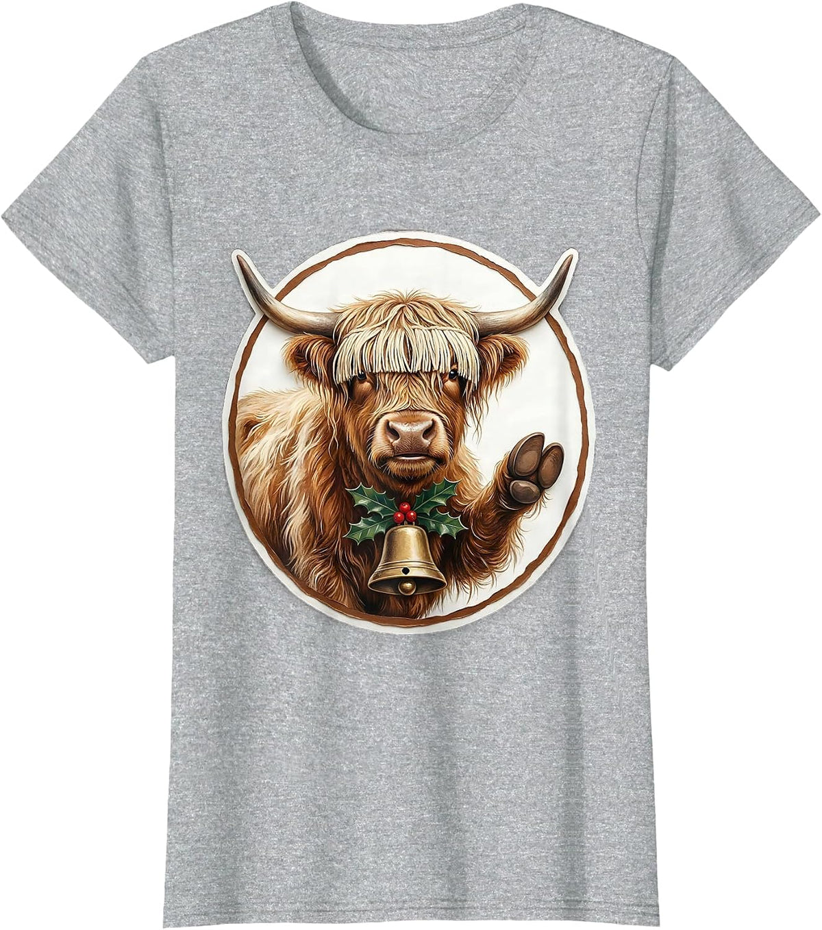 Women's Highland Cow Holiday Storybook Farm Animal Lover T-Shirt - Heather Grey