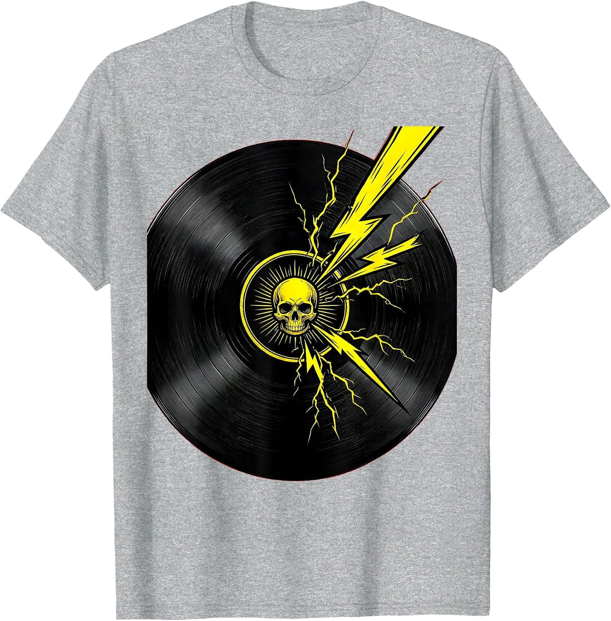 Men's Cracked Vinyl Record Lightning Rock Band Graphic T-Shirt - Heather Grey