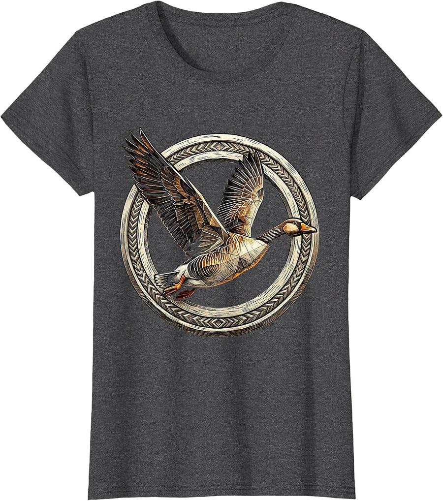 Women's Geometric Low-Poly Goose in Flight Art T-Shirt - Dark Heather Grey