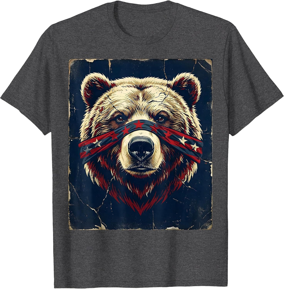 Men's Patriotic Bear Stars and Stripes Bandana Design T-Shirt - Dark Heather Grey