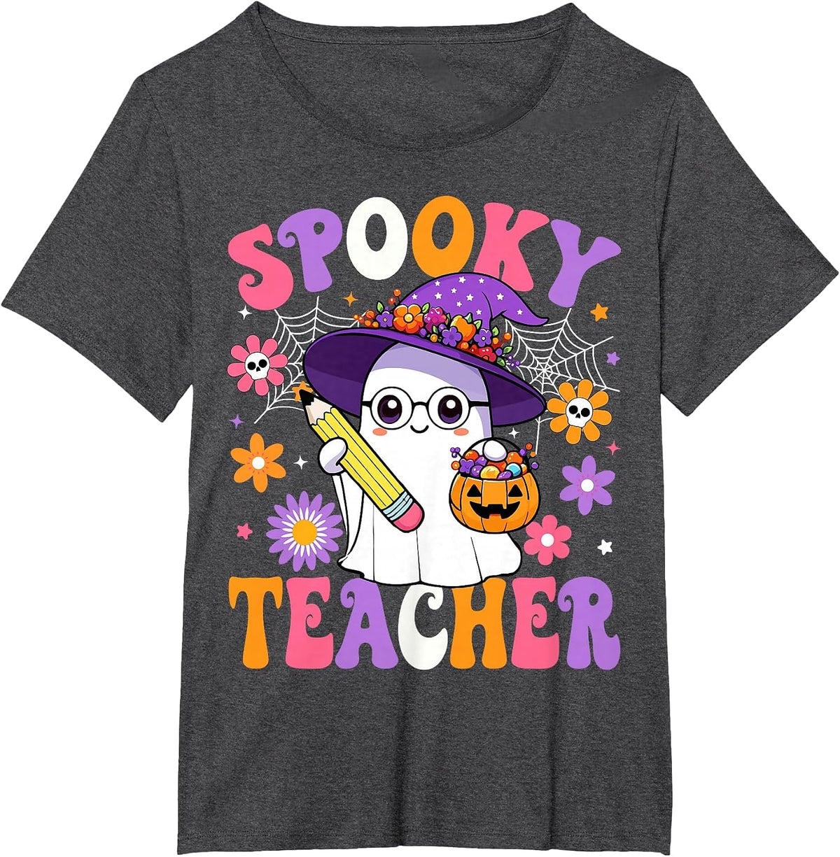 Trick Or Teach Spooky Teacher Ghost Funny Halloween Teacher T-Shirt - Dark Heather Grey