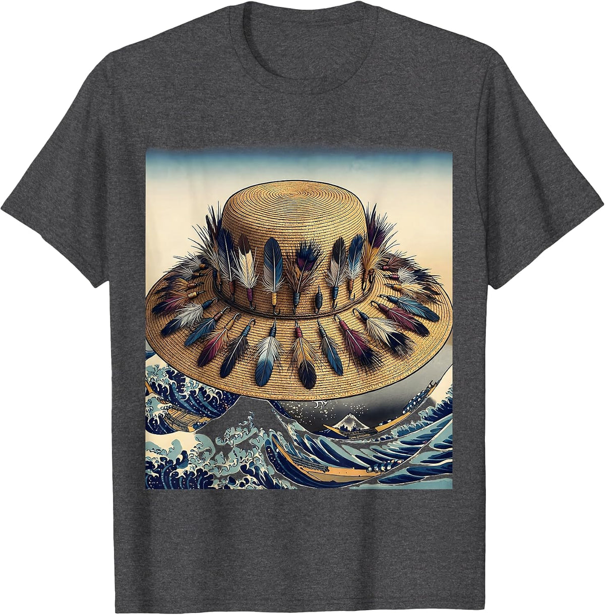 Men's Fly Fishing Hat Lures Illustration T-Shirt - Dark Heather Grey