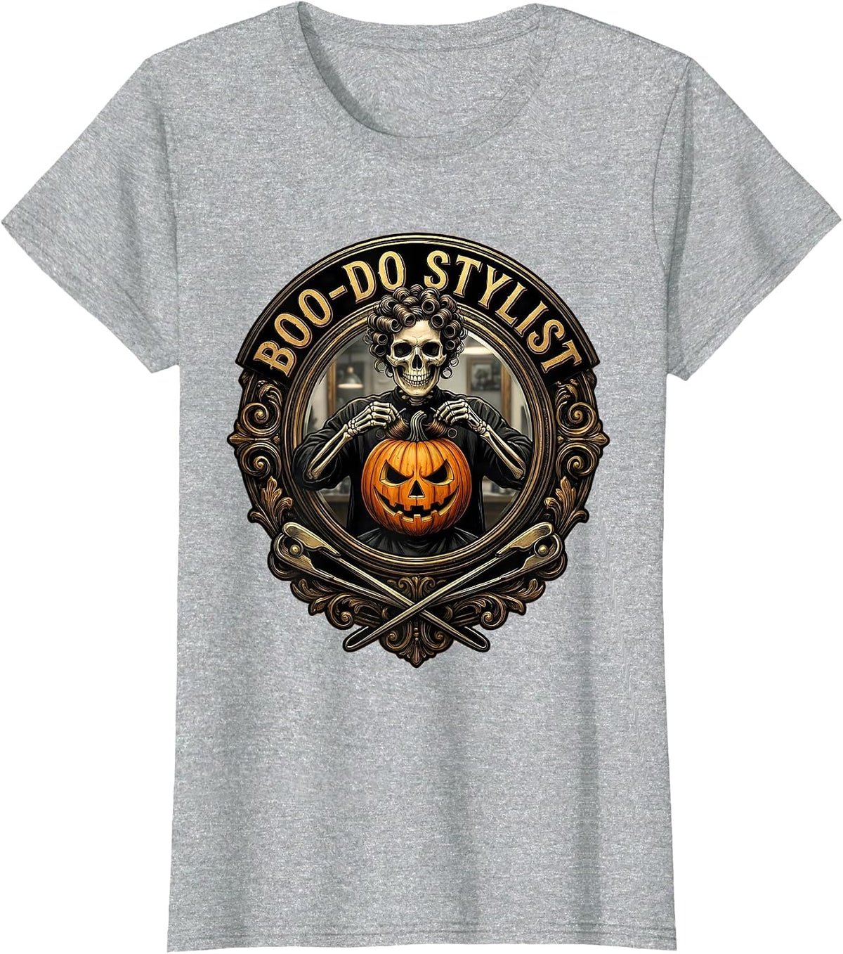 Women's Boo-Do Stylist Skeleton Hairstylist Halloween Barber Humor T-Shirt - Heather Grey