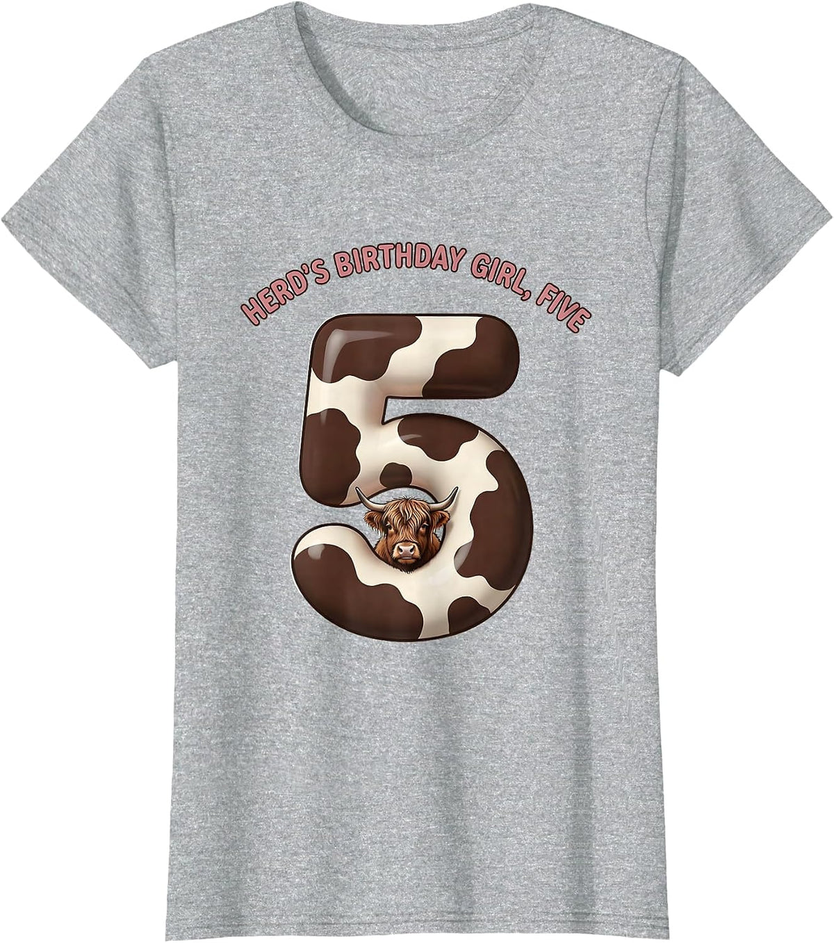 Women's Herd's Birthday Girl Five Cute Highland Cow Farm Mom T-Shirt - Heather Grey