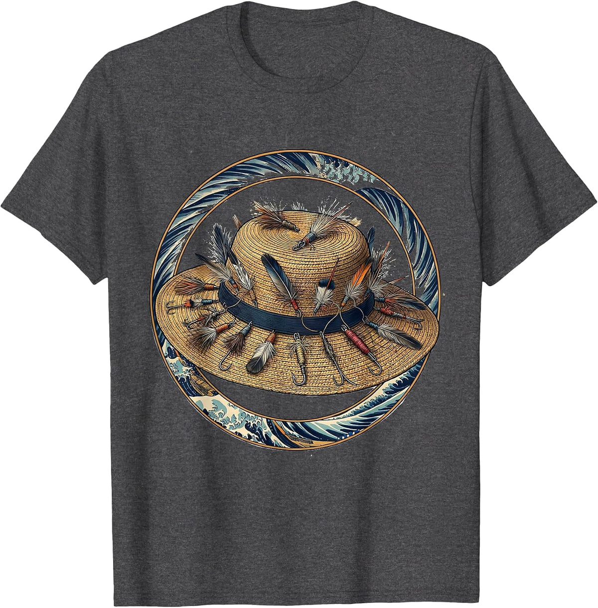 Fly Fishing Hat Lures Illustration T-Shirt - Dark Heather Grey