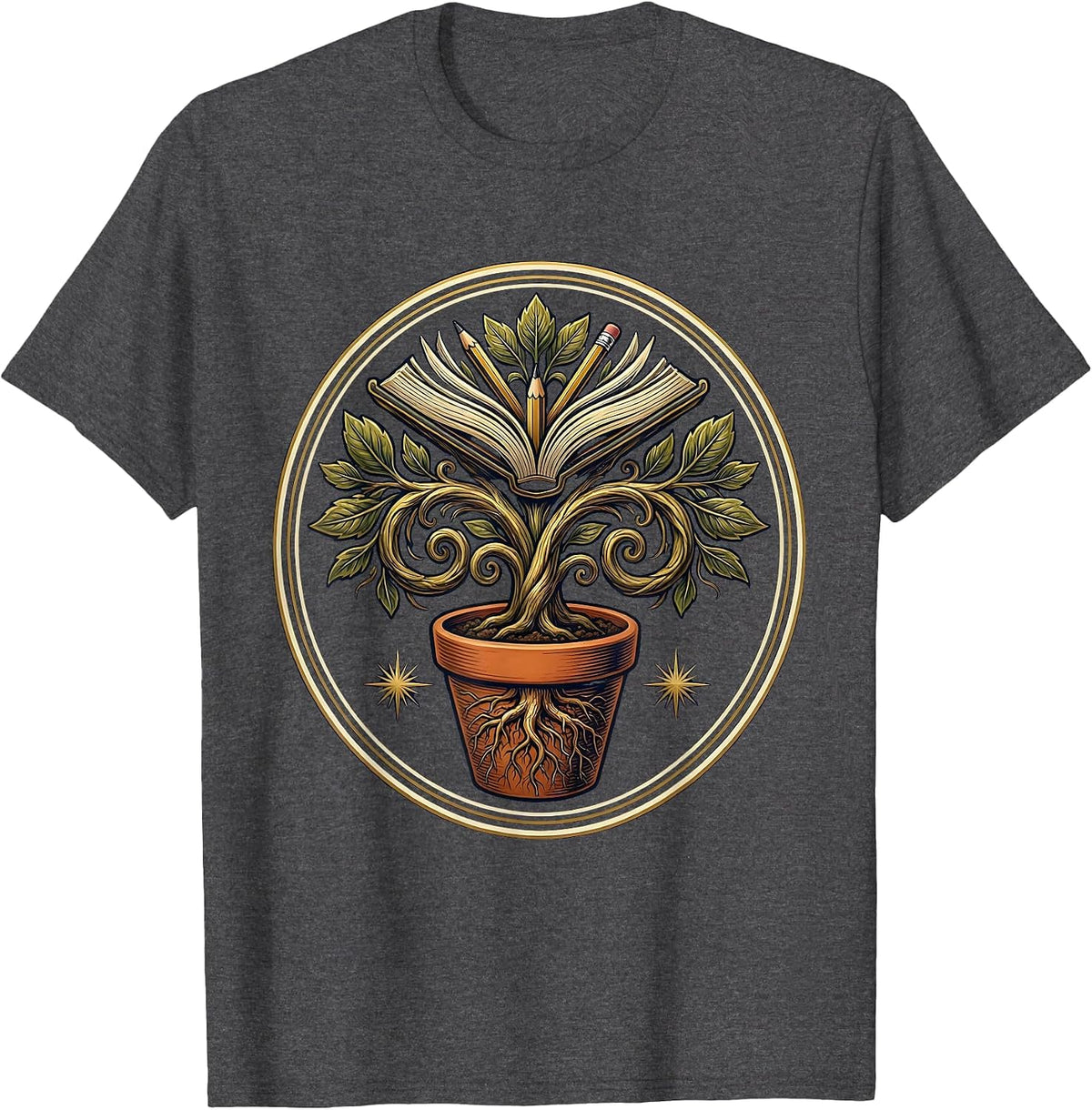 4th Grade Teacher Potted Plant Growing Letters T-Shirt - Dark Heather Grey