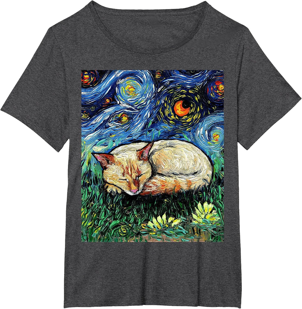 Sleeping Flame Point Siamese Cat Starry Night Artwork T-Shirt - Dark Heather Grey
