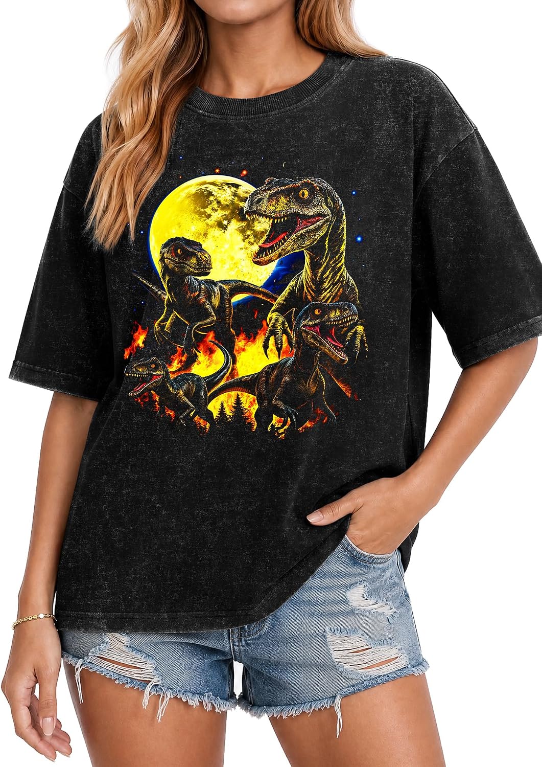 Women Dinosaur Shirt Retro Wolf Graphic T-Shirt Vintage Tee - Black-02