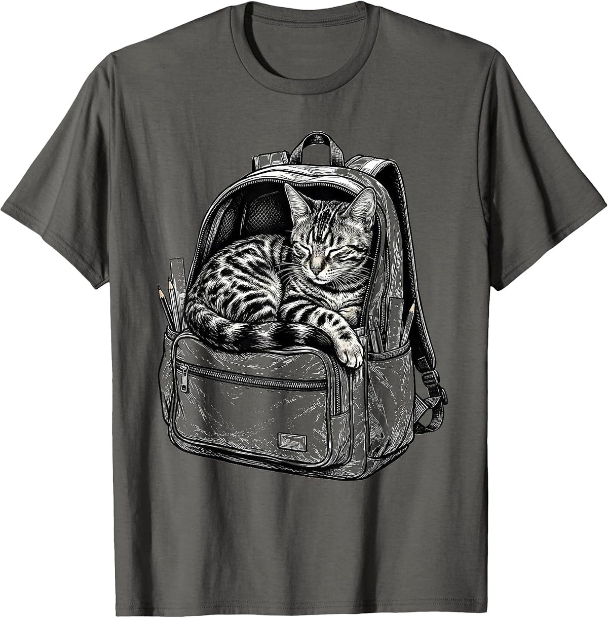 Bengal Cat Napping in Backpack Back to School T-Shirt - Asphalt Grey