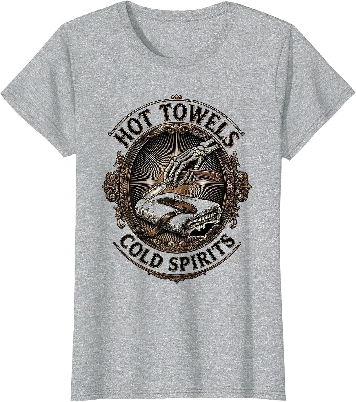 Hot Towels Cold Spirits Funny Skeleton Hairdresser Halloween T-Shirt - Heather Grey