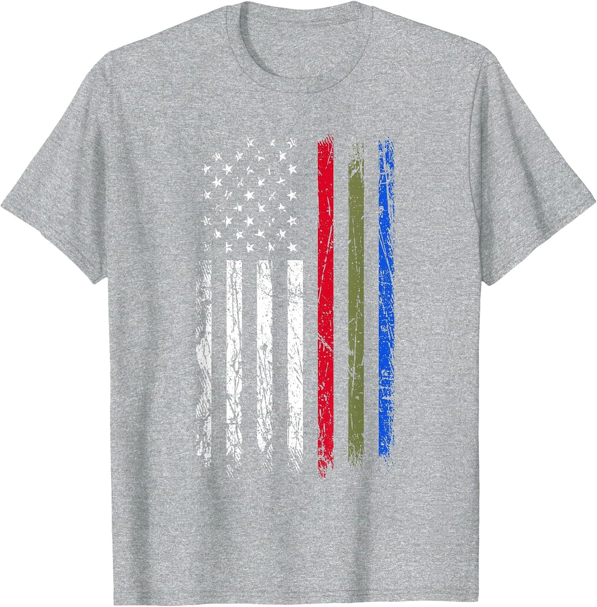 Thin Red Green Blue Line Flag Police Firefighters Military T-Shirt - Heather Grey