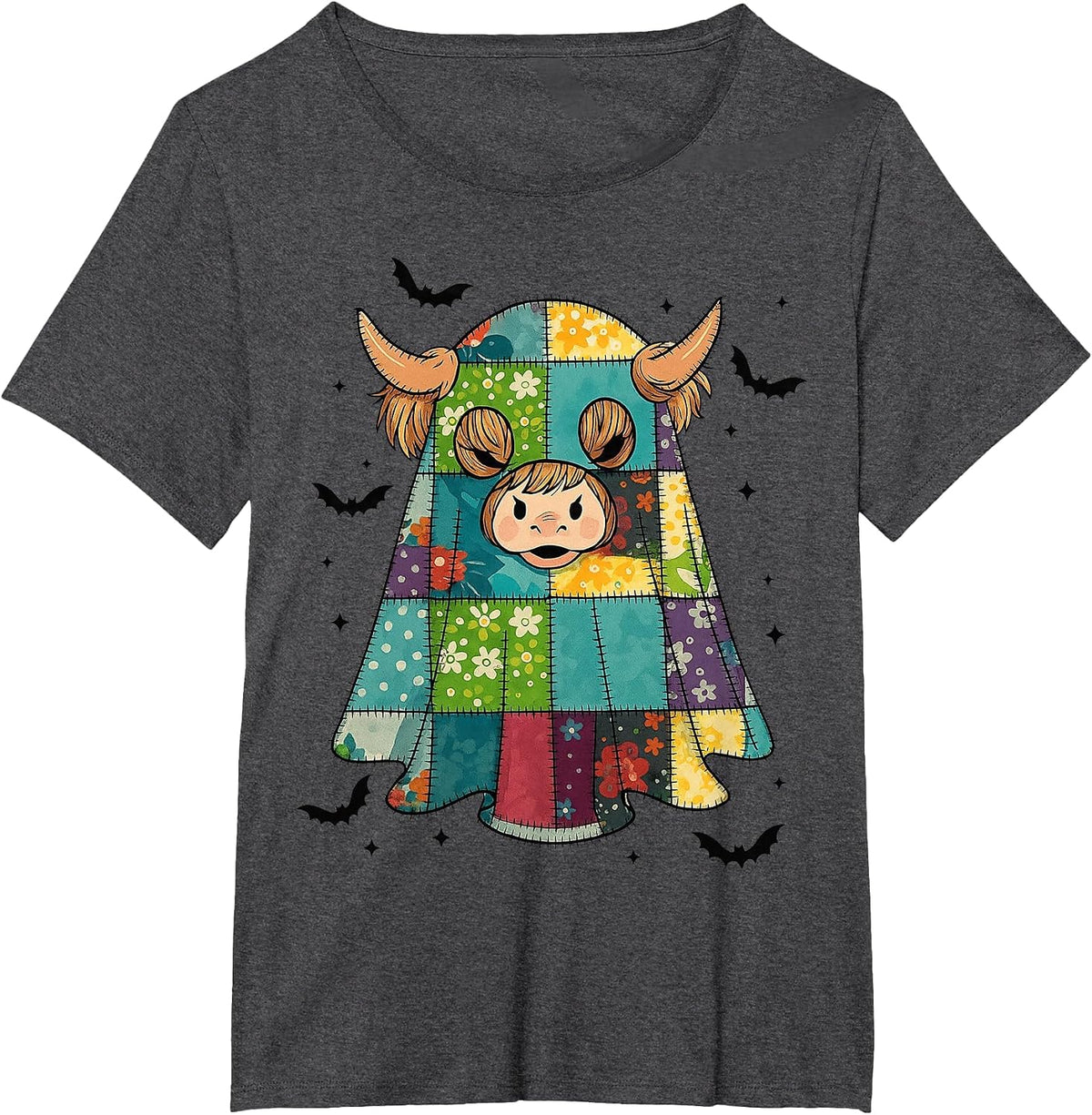 Halloween Patchwork Ghost Highland Cow Quilt Pattern T-Shirt - Dark Heather Grey