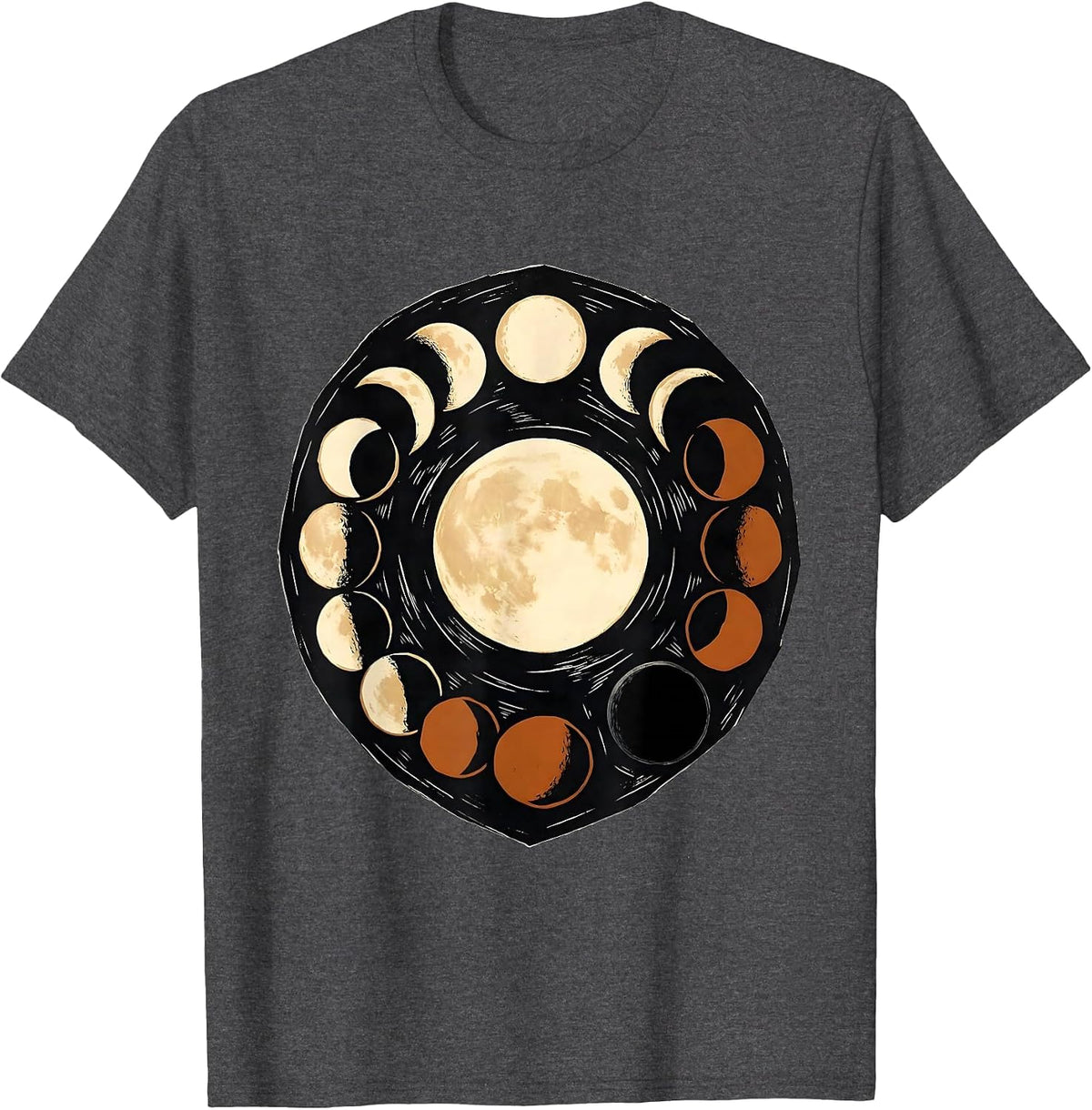 Lunar Phase Zigzag Linocut Astronomy Enthusiast T-Shirt - Dark Heather Grey