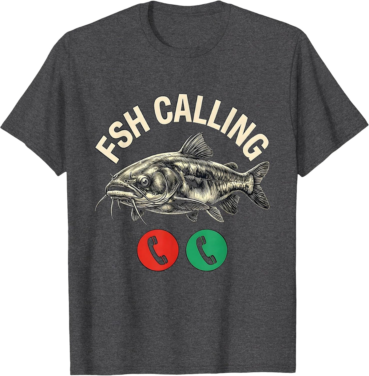 Men's Fsh Calling Funny Fishing Meme Phone Call Parody T-Shirt - Dark Heather Grey