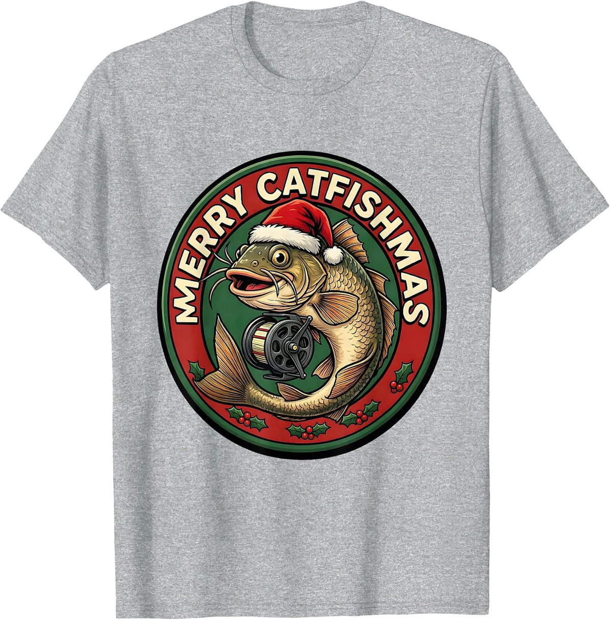 Men's Merry Catfishmas Funny Fishing Christmas Ugly Sweater Dad T-Shirt - Heather Grey