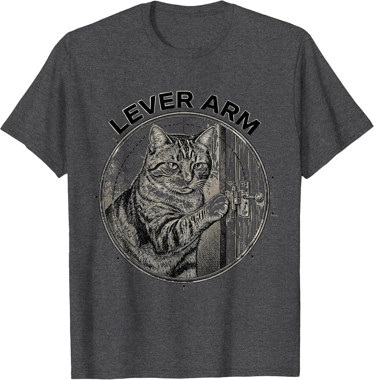 Men's Lever Arm Funny Cat Physics Humor Science Teacher Gift T-Shirt - Dark Heather Grey
