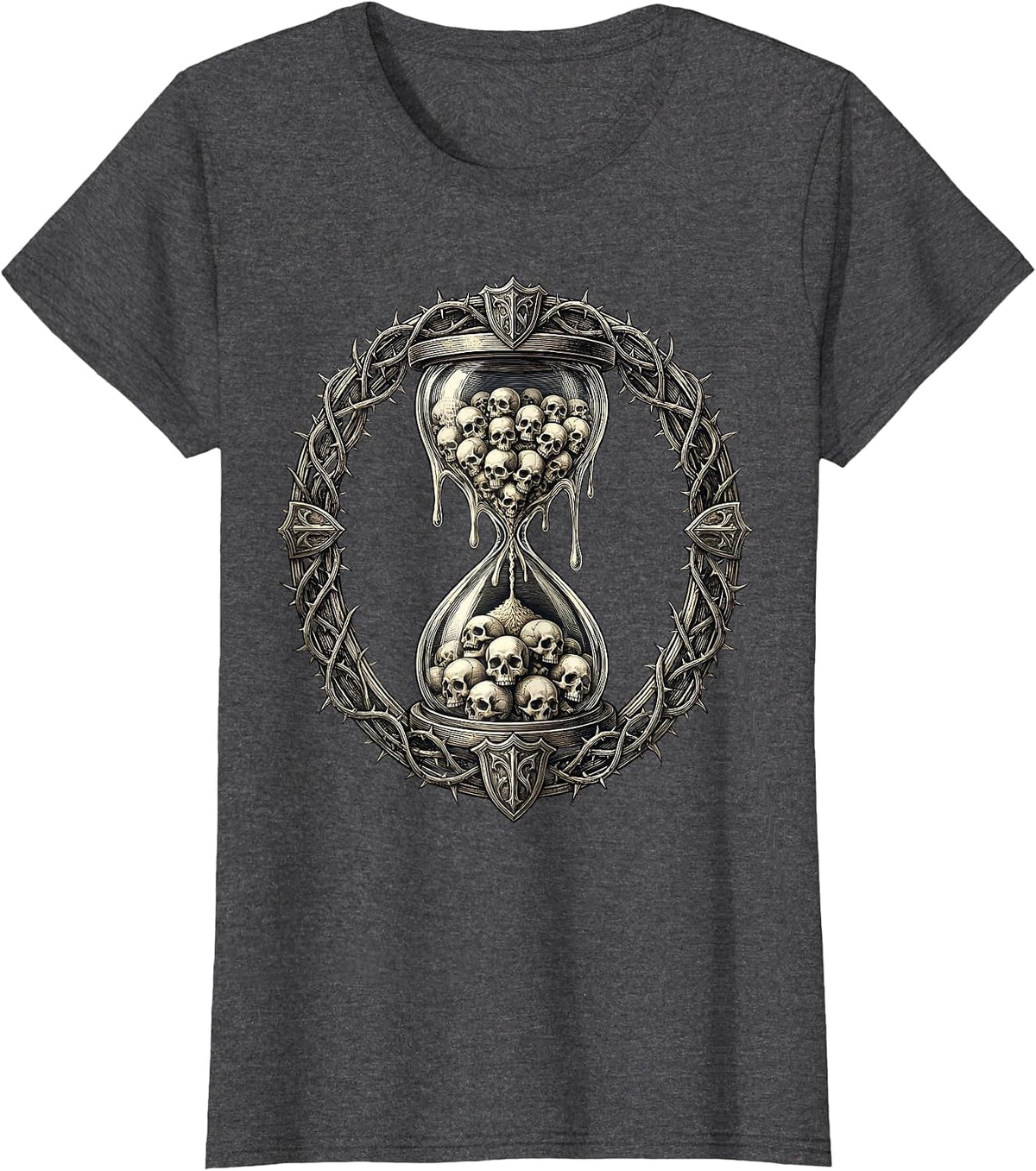Women's Melting Hourglass Skulls Heavy Metal Graphic T-Shirt - Dark Heather Grey