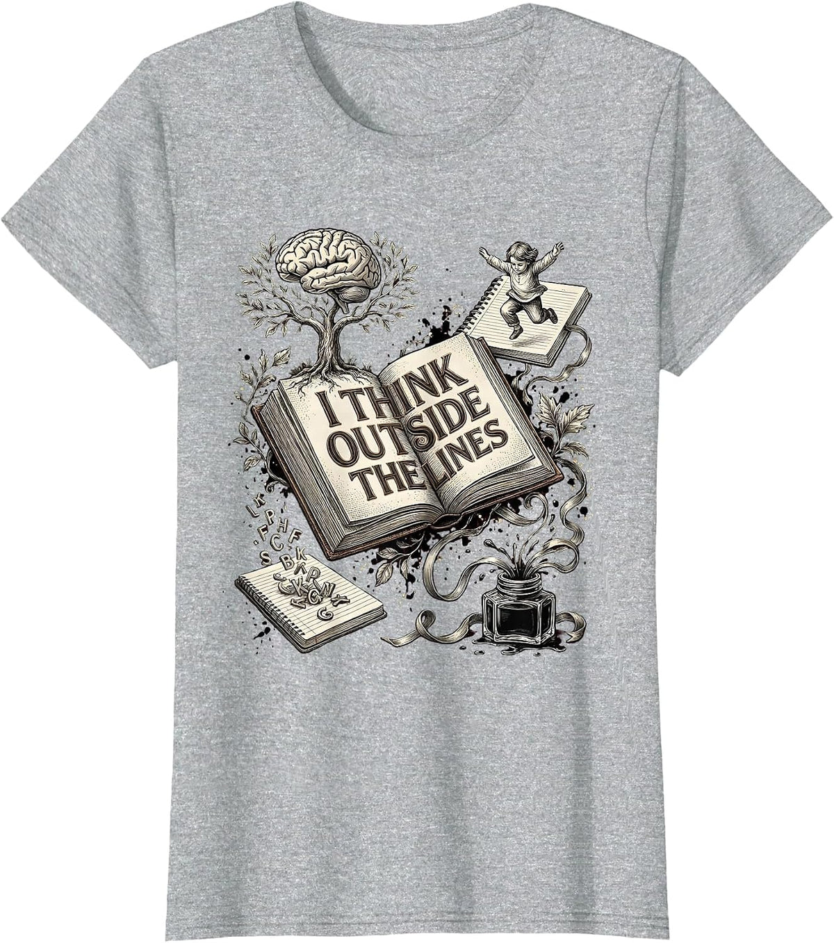 Women's I Think Outside the Lines Dyslexia Awareness Design T-Shirt - Heather Grey