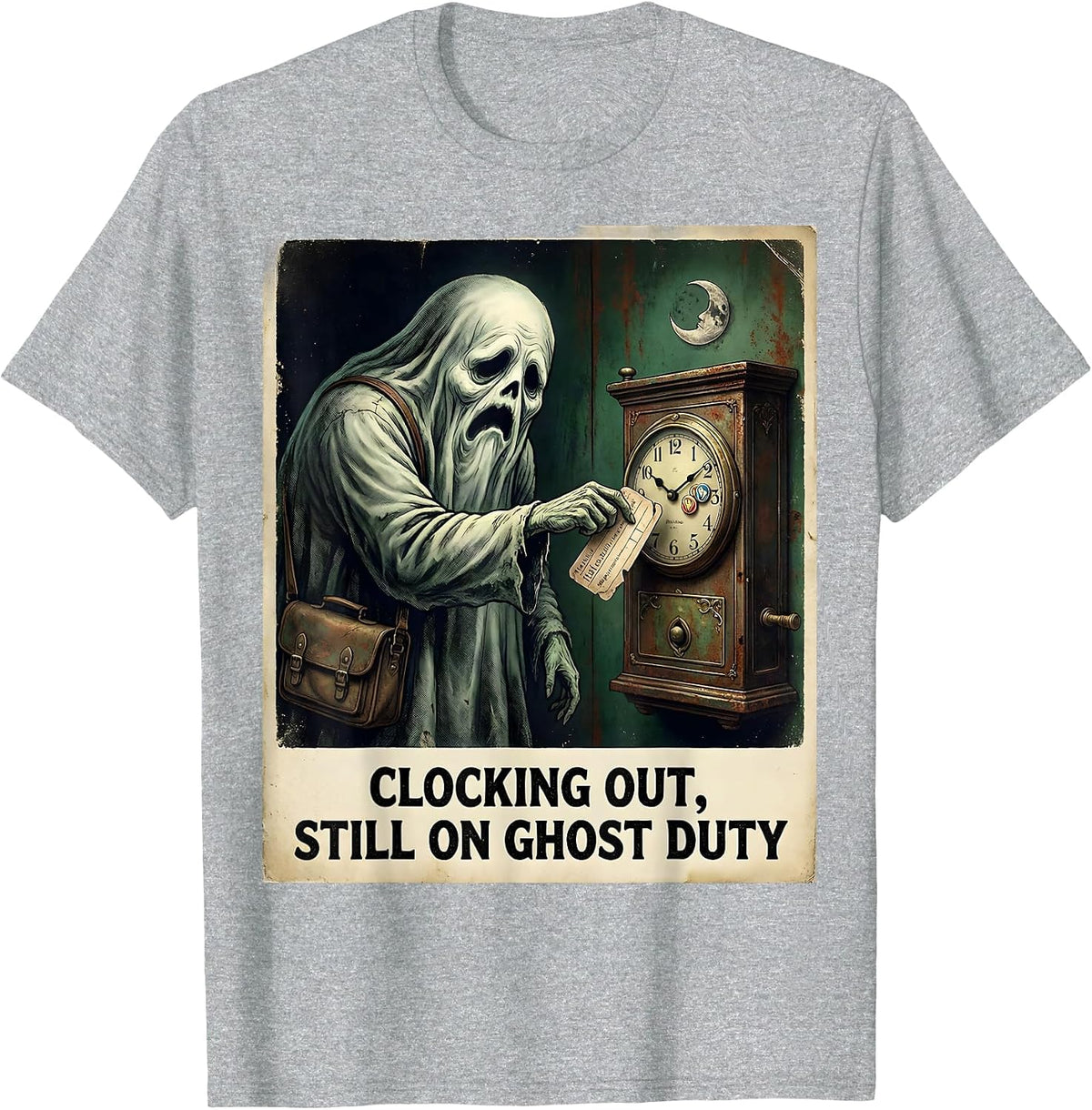 Men's Clocking Out, Still On Ghost Duty Vintage Halloween School T-Shirt - Heather Grey