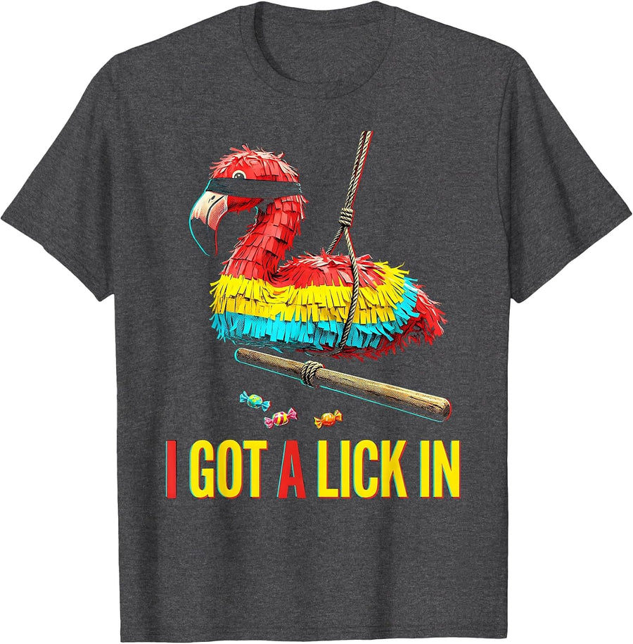 Men's I Got A Lick In Pop Art Flamingo Piñata Cinco De Mayo Party T-Shirt - Dark Heather Grey