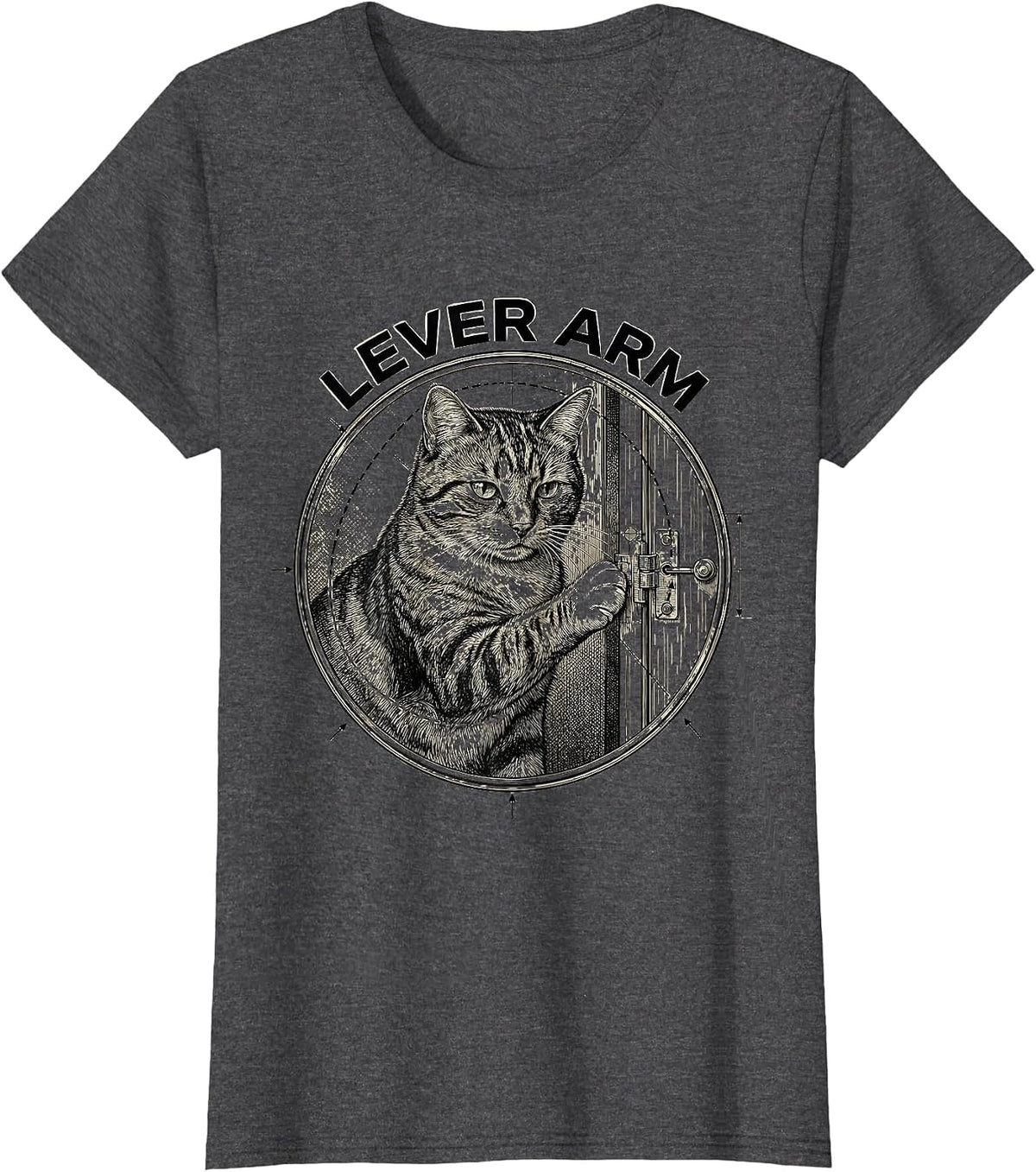 Women's Lever Arm Funny Cat Physics Humor Science Teacher Gift T-Shirt - Dark Heather Grey
