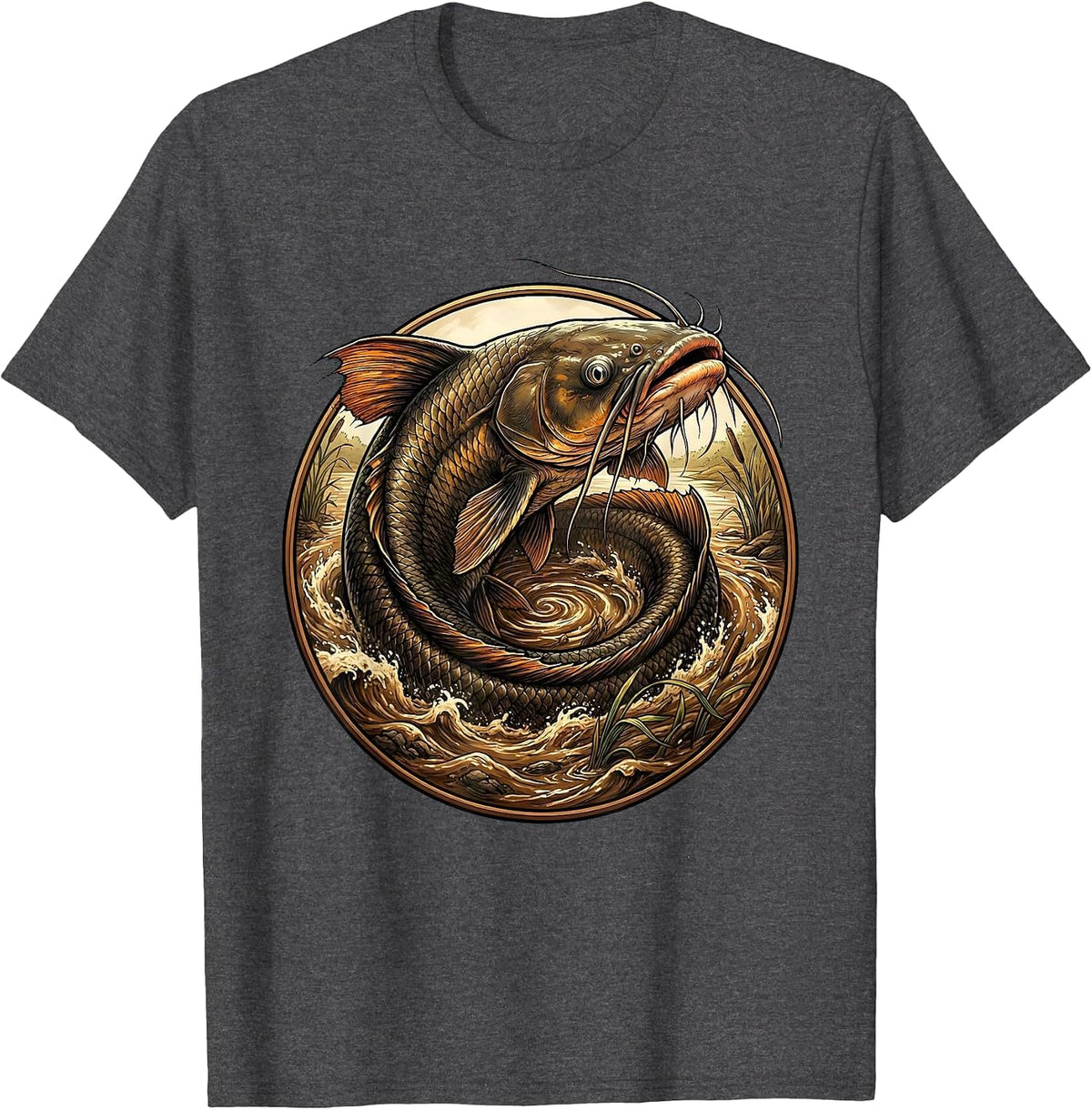 Men's Giant Catfish Swirling in Muddy River Graphic T-Shirt - Dark Heather Grey