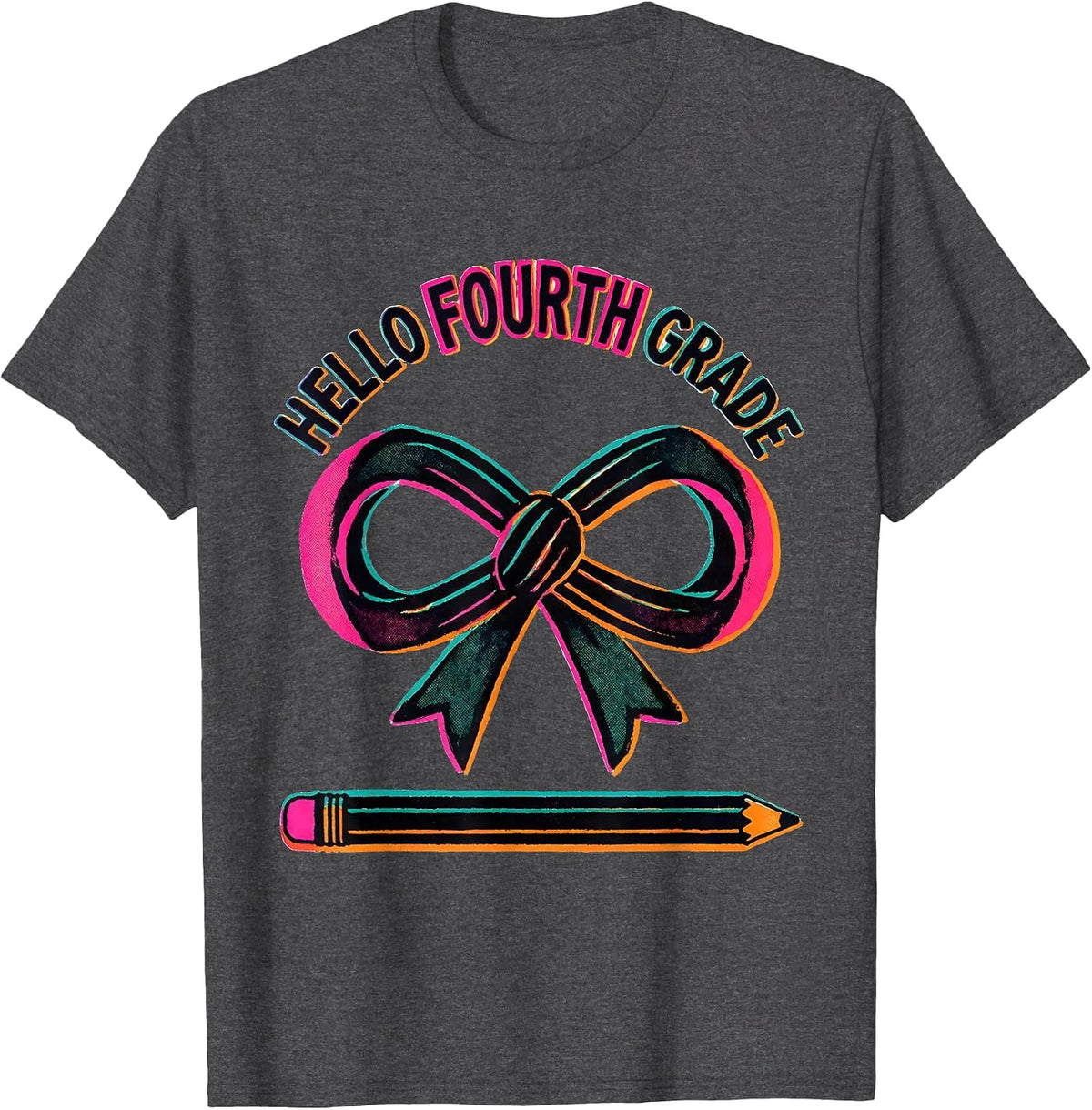 Hello Fourth Grade Cute Coquette Bow Back to School Pencil T-Shirt - Dark Heather Grey