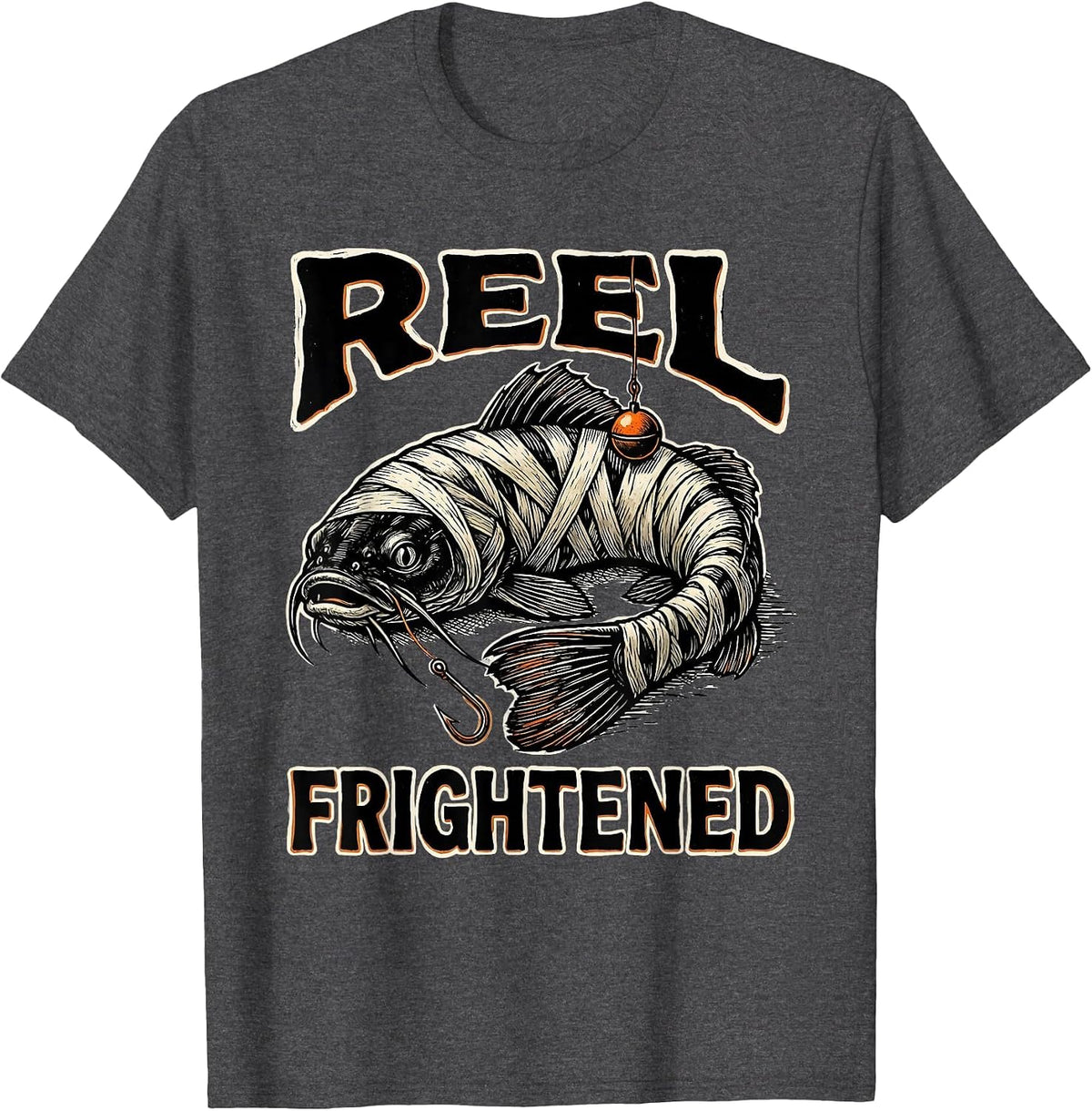 Men's Reel Frightened Linocut Halloween Skeleton Fishing Humor T-Shirt - Dark Heather Grey
