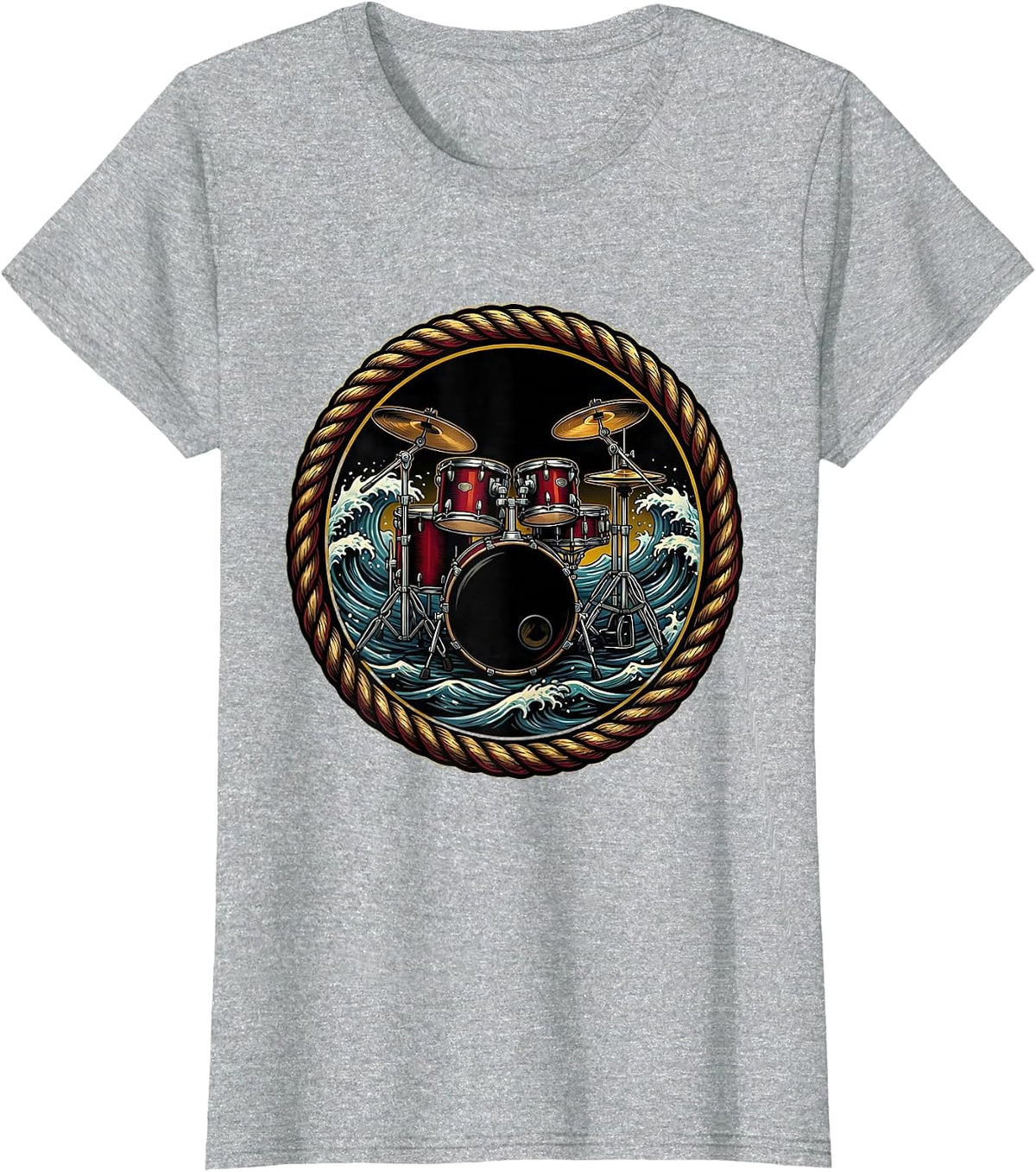 Drum Kit Crashing Waves Classic Rock Illustration T-Shirt - Heather Grey