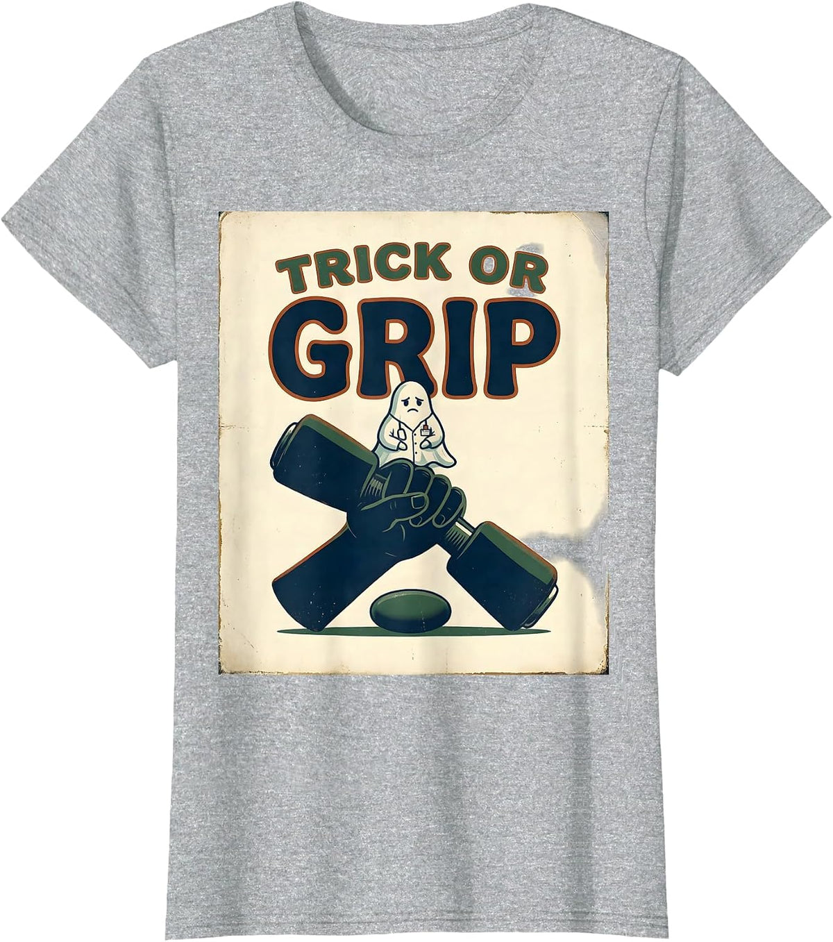 Trick Or Grip Vintage Ghost Occupational Therapist Halloween T-Shirt - Heather Grey