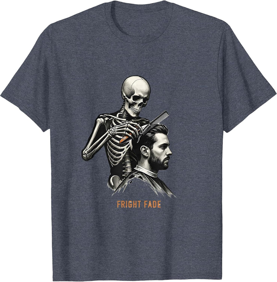 Fright Fade Minimalist Skeleton Barber Halloween Hairstylist T-Shirt - Heather Blue