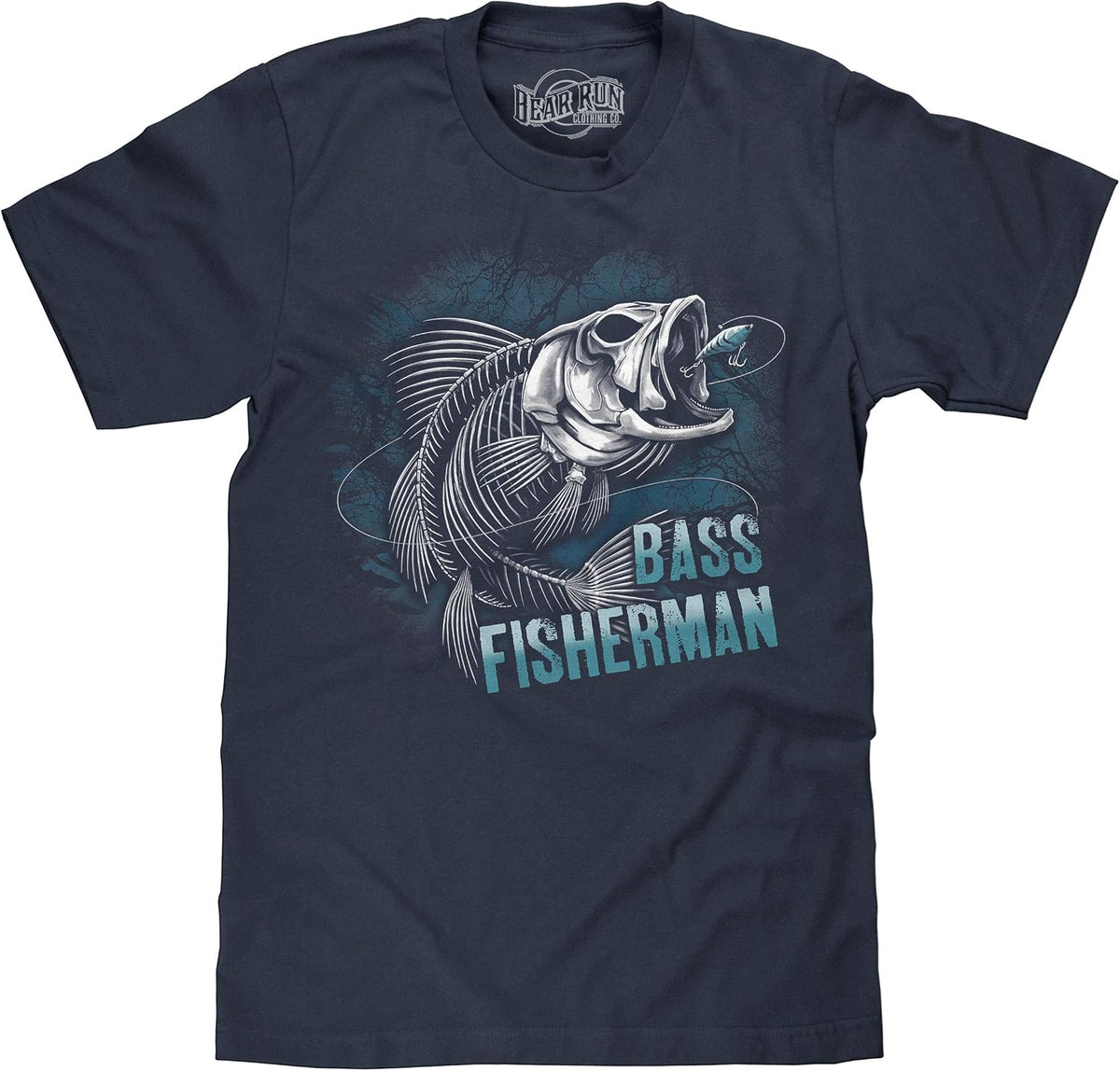 Men's Bass Fisherman T-Shirt - Bass Skeleton Fishing Graphic Tee Shirt - Navy