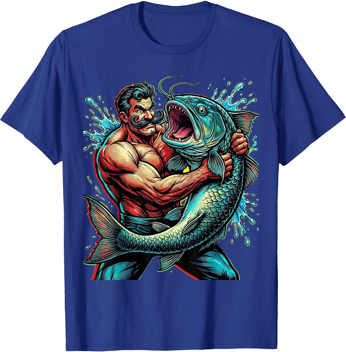 Men's Catfish Wrestling Mustached Fighter Novelty Graphic T-Shirt - Royal Blue